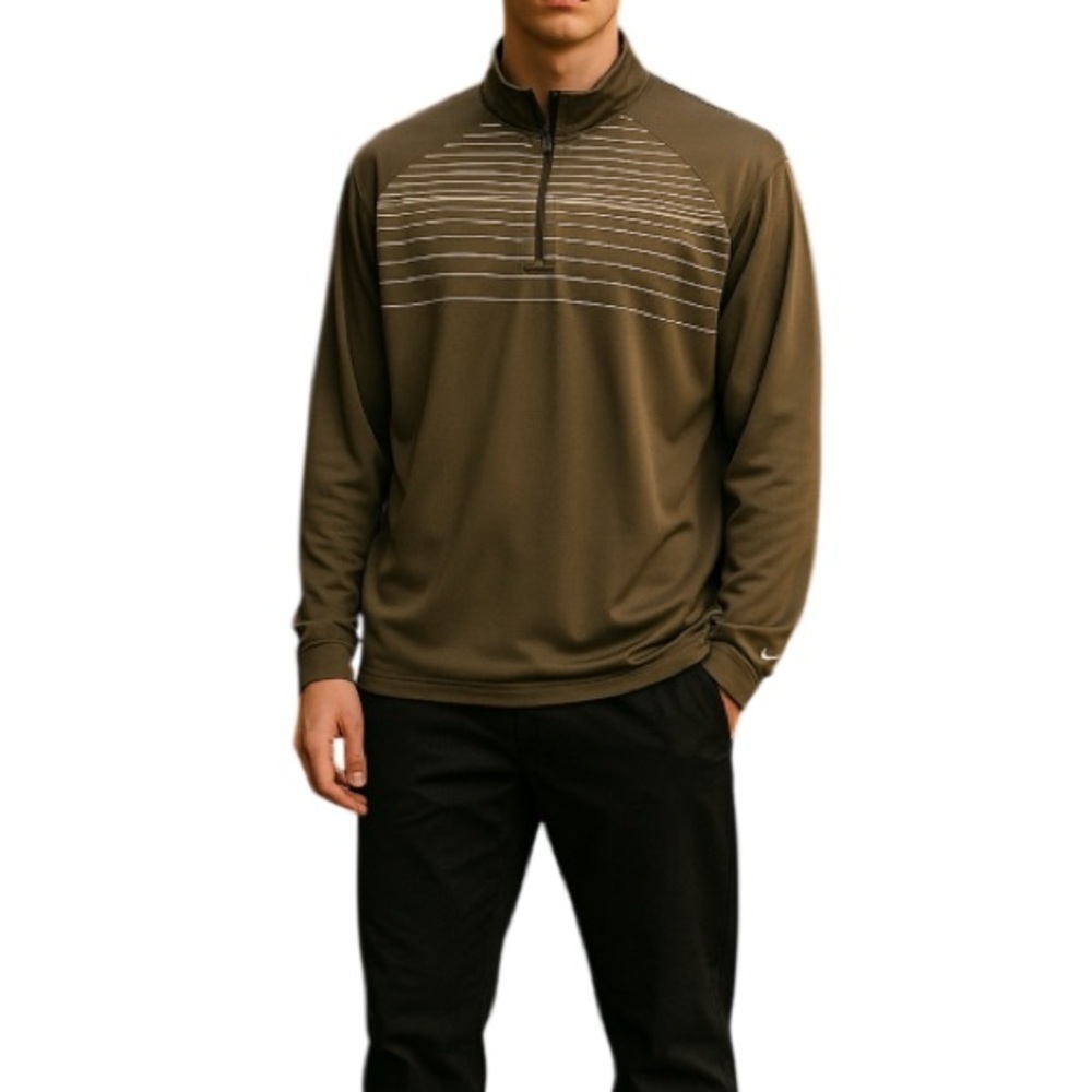 NIKE Golf Men’s Fit Dry 1/4 Zip Brown Striped Shirt Brown Cream Striped Size XL